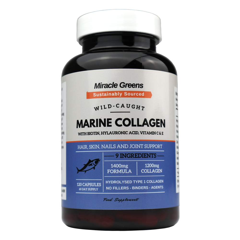 Miracle Greens Marine Collagen – Wild-Caught with Biotin, Hyaluronic Acid &amp; Vitamins C &amp; E – 120 Capsules