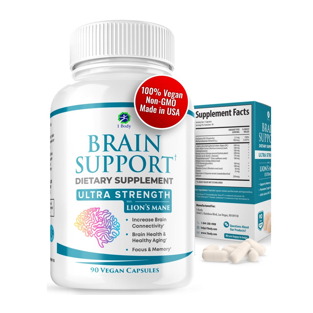 Ultra Strength Lion's Mane – Brain Health, Focus &amp; Memory Support | 100% Vegan, Non-GMO (90 Capsules)