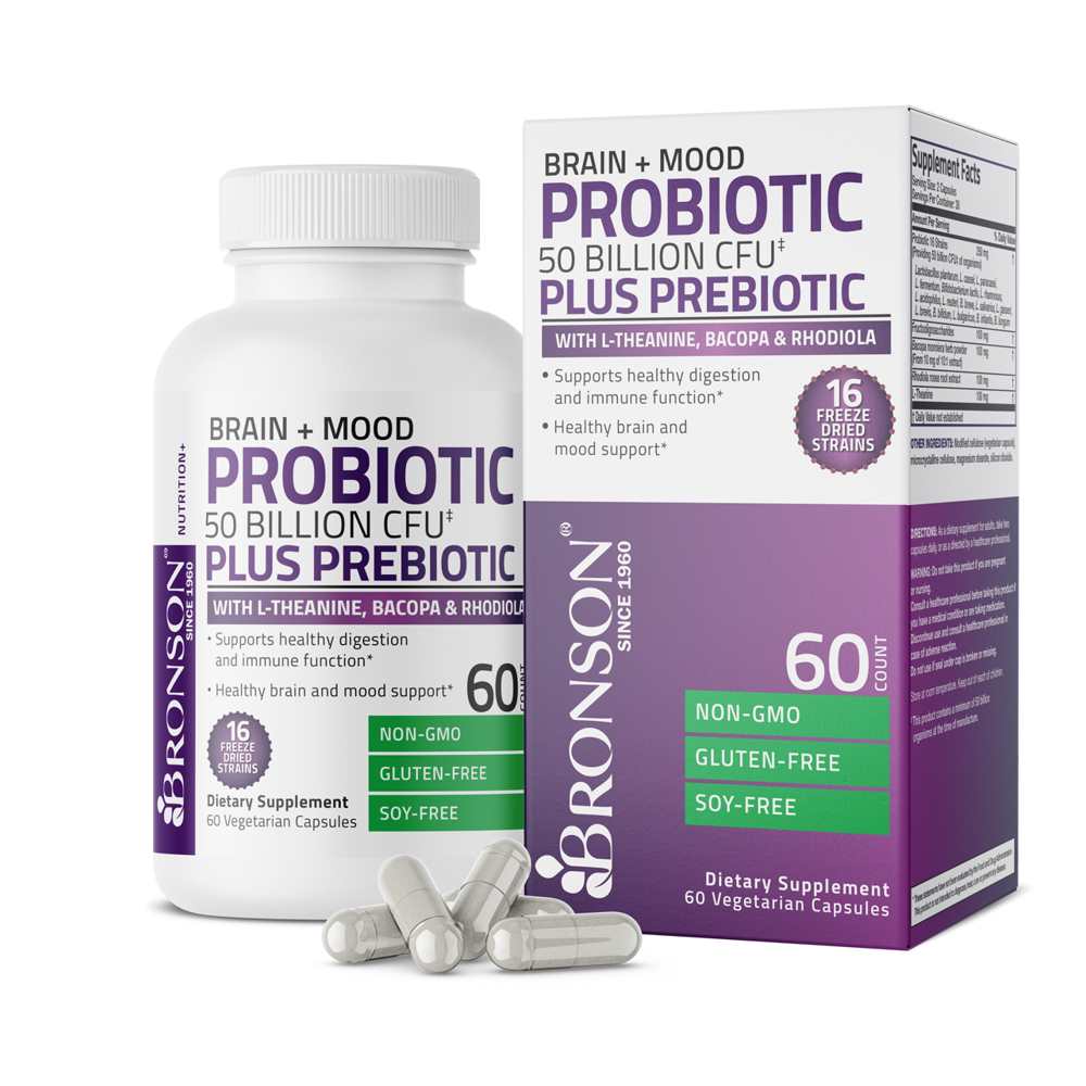 Bronson Vitamins Probiotic Plus Prebiotic with L-Theanine, Bacopa &amp; Rhodiola - 50 Billion Cfu - 60 Vegetarian Capsules
