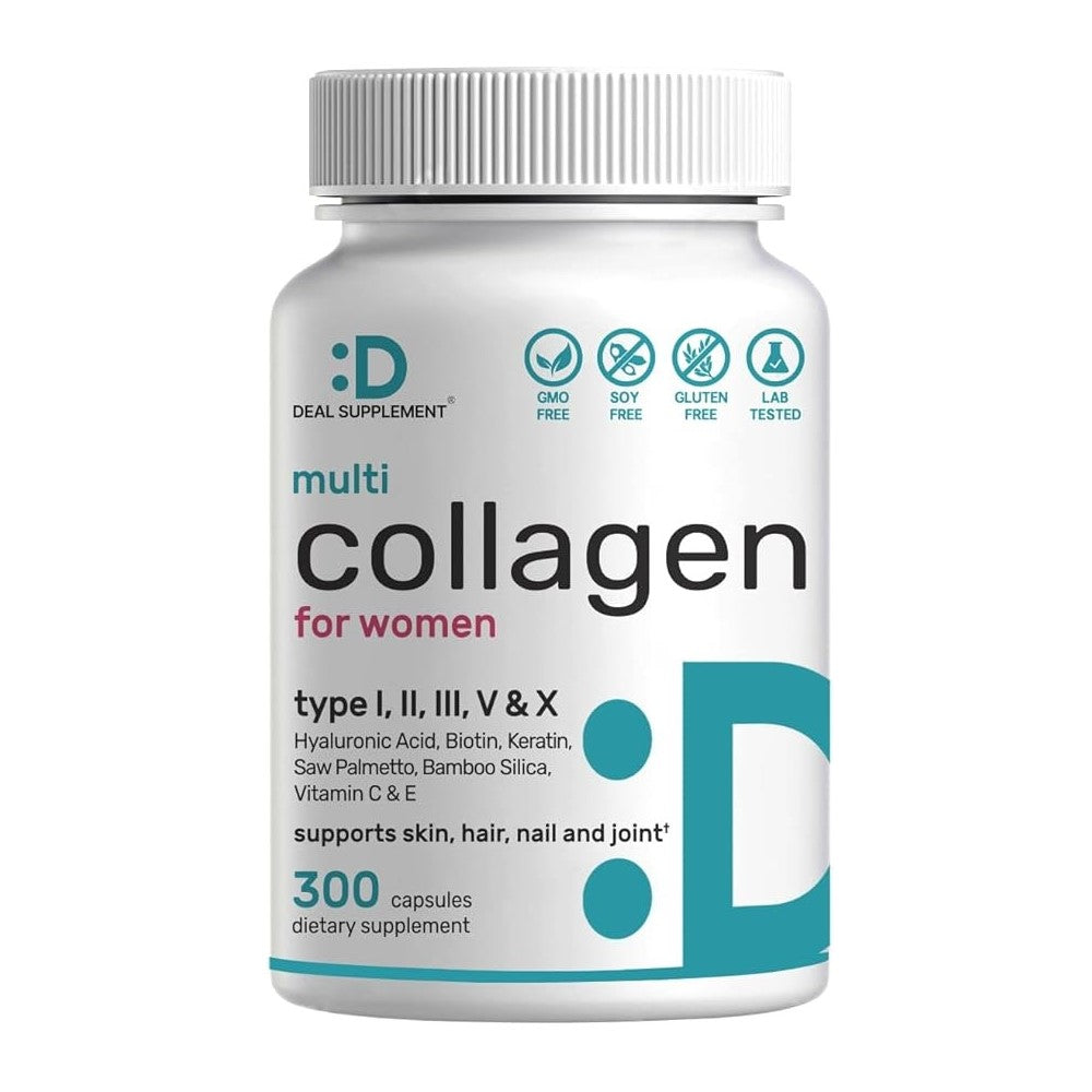 HAL Supplement Multi-Collagen for Women – Types I, II, III, V &amp; X with Hyaluronic Acid, Biotin, Keratin, Saw Palmetto, Bamboo Silica, Vitamin C &amp; E Supports Skin, Hair, Nails &amp; Joints | 300 Capsules