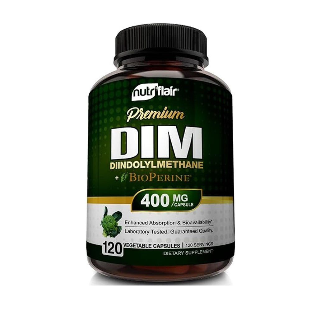 NutriFlair Premium DIM (Diindolylmethane) 400mg with BioPerine® – Supports Hormone Balance, Mood &amp; Wellbeing Enhanced Absorption | 120 Vegetable Capsules | Dietary Supplement