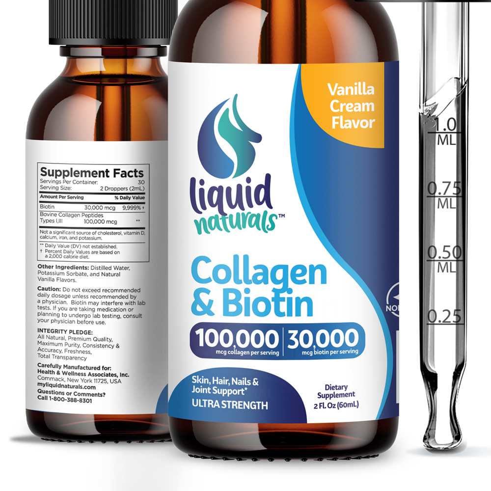 Liquid Naturals Collagen &amp; Biotin – 100,000 Mcg + 30,000 Mcg | Ultra Strength Liquid | 2 Fl Oz