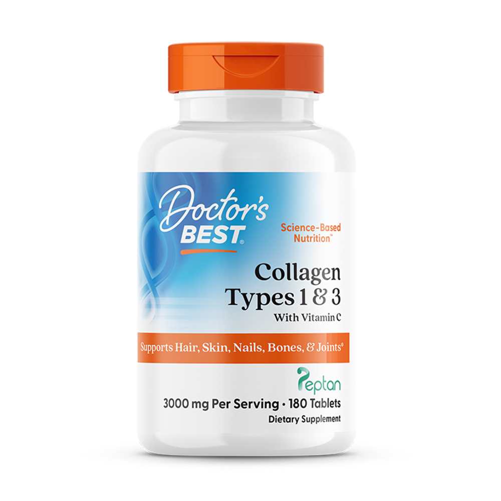 Doctor’s Best – Collagen 1 &amp; 3 + Vitamin C | Peptan | 3000 Mg | 180 Tablets | Beauty &amp; Mobility Support