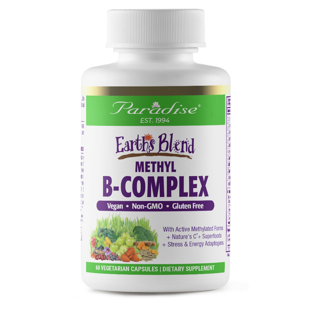 Paradise Earth's Blend Methyl B-Complex – Active Methylated B-Vitamins with Nature's C, Superfoods &amp; Adaptogens | Vegan, Non-GMO, Gluten-Free | 50 Vegetarian Capsules