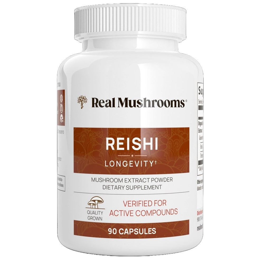 Real Mushrooms Reishi Longevity+ Mushroom Extract Capsules – 90 Capsules | Quality Grown &amp; Verified for Active Compounds