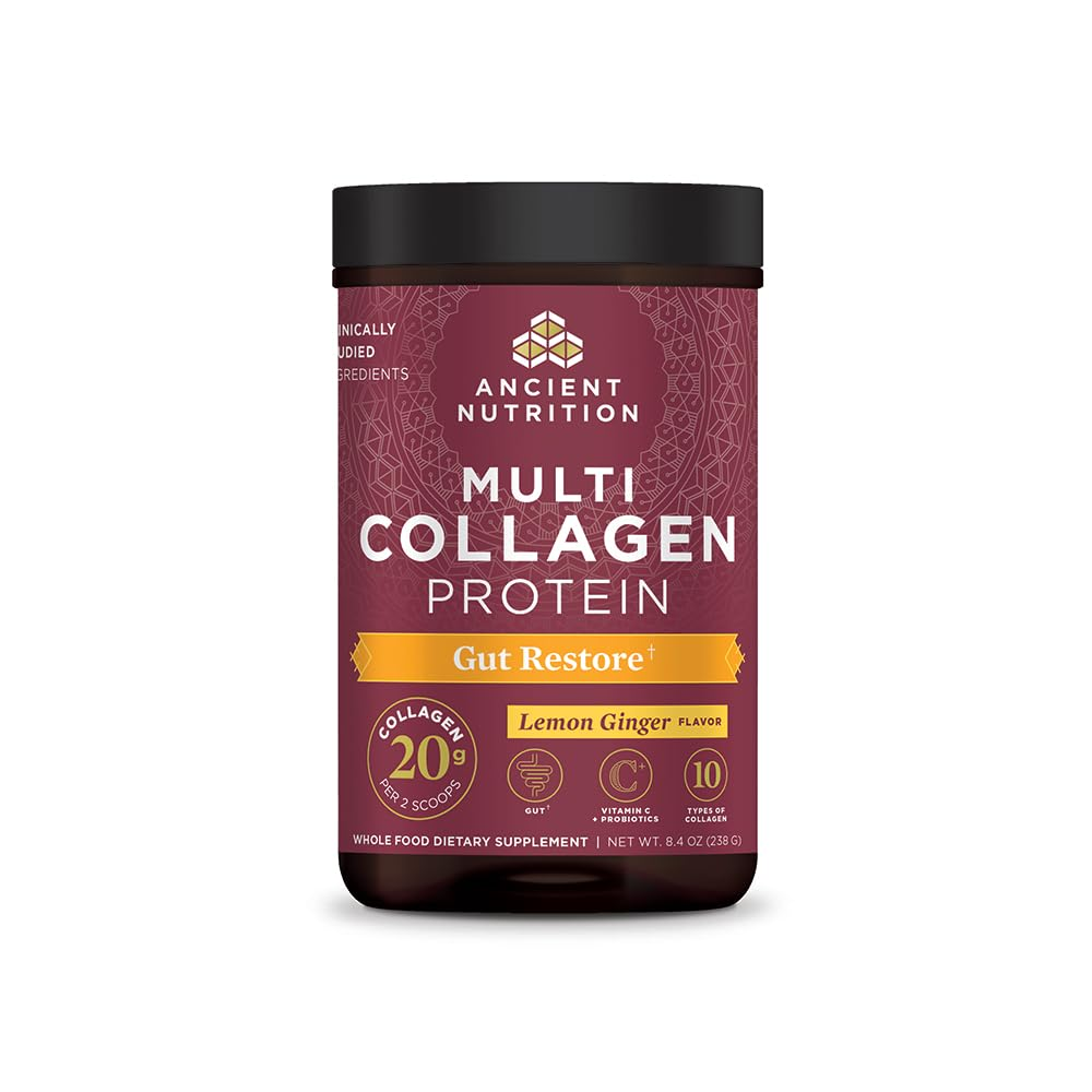 Ancient Nutrition Multi Collagen Protein Gut Restore – Lemon Ginger Flavor | With Probiotics &amp; Whole Food Ingredients