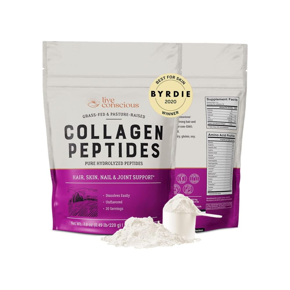 Live Conscious Collagen Peptides - Grass-Fed Hydrolyzed Powder for Hair, Skin &amp; Joint Support - 220g