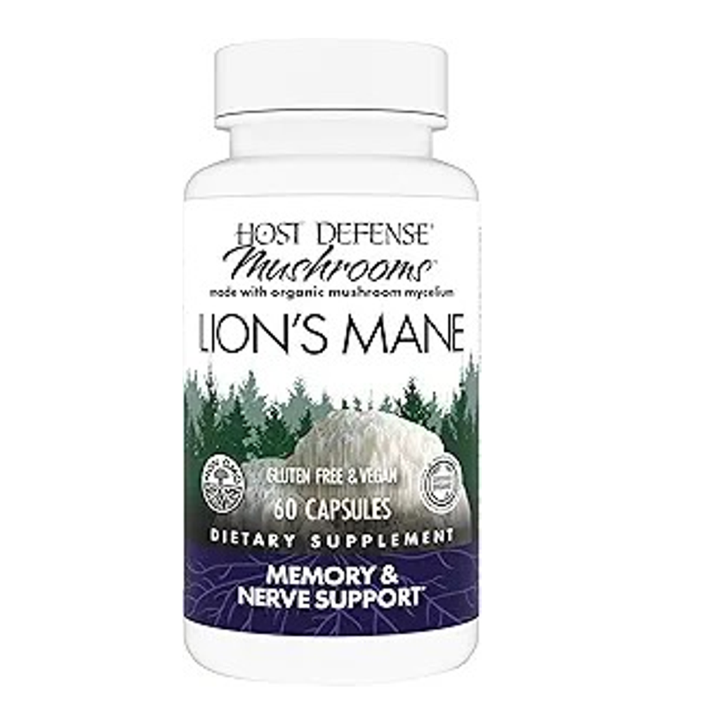 Host Defense Lion's Mane – Organic Mushroom Mycelium, Memory &amp; Nerve Support, Gluten-Free &amp; Vegan, 60 Capsules