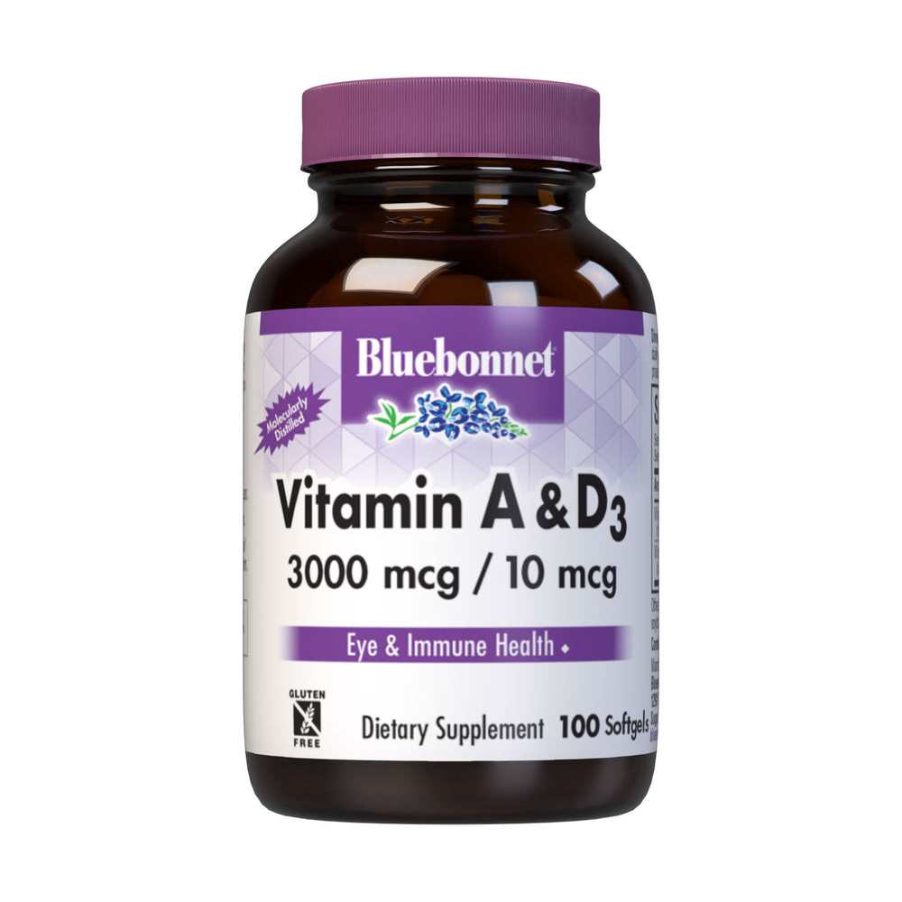 Bluebonnet Nutrition Vitamin a &amp; D3 3000 Mcg (10,000 Iu)/ 10 Mcg (400 Iu) 100 Softgels