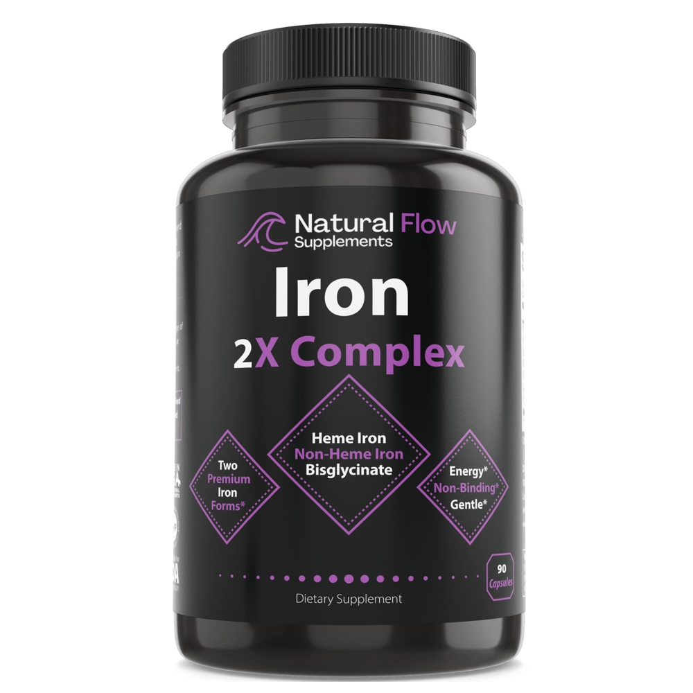 Natural Flow Supplements Iron 2X Complex – Heme Iron &amp; Non-Heme Iron Bisglycinate – 90 Capsules