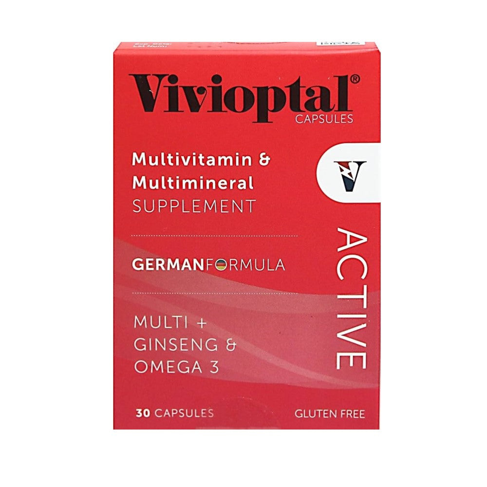 Vivioptal Multivitamin &amp; Multimineral Supplement with Ginseng &amp; Omega-3 – German Formula – 30 Gluten-Free Capsules