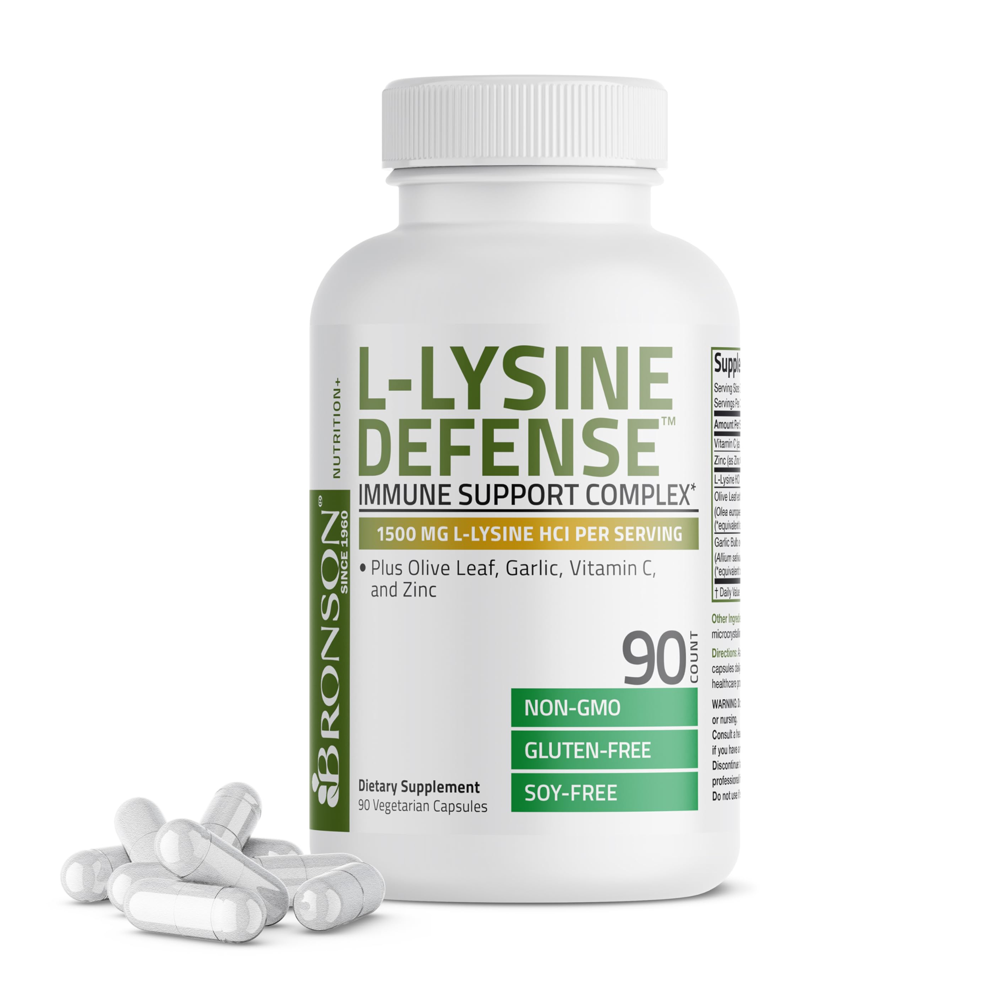 Bronson L-Lysine Defense - 1500mg L-Lysine HCl with Olive Leaf, Garlic, Vitamin C &amp; Zinc - 90 Vegetarian Capsules