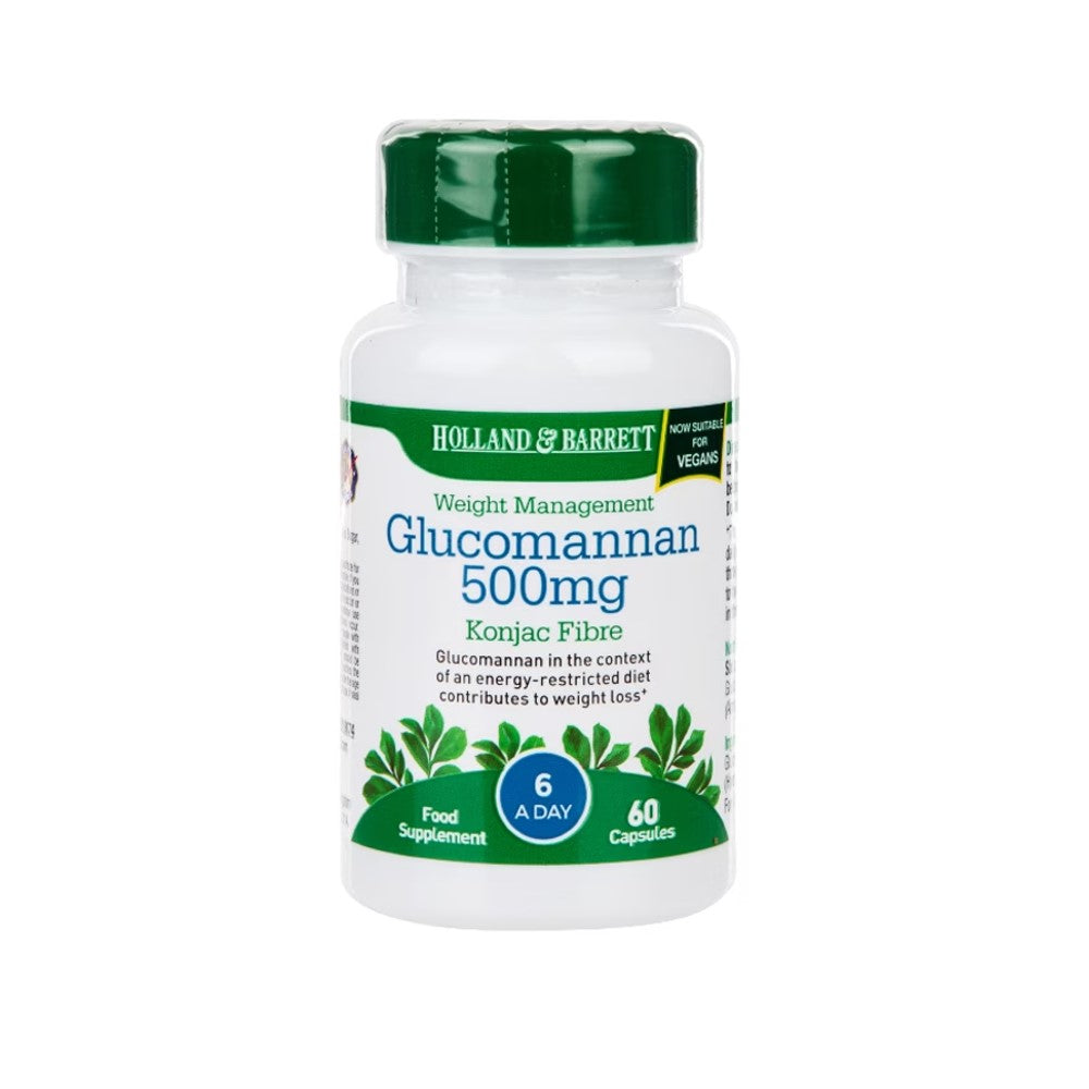 Holland &amp; Barrett Glucomannan 500mg – Weight Management with Konjac Fibre | Vegan-Friendly Food Supplement | 60 Capsules