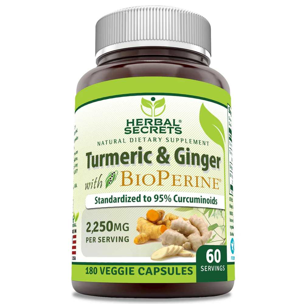 Herbal Secrets Turmeric &amp; Ginger with Bio Perine 2250 Mg per Serving 180 Veggie Capsules