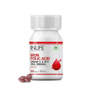 INLIFE Chelated Iron, Folic Acid, Vitamin C, E, B12, Zinc &amp; Selenium Supplement - 60 Tablets