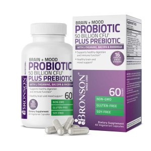 Bronson Vitamins Probiotic Plus Prebiotic with L-Theanine, Bacopa &amp; Rhodiola - 50 Billion Cfu - 60 Vegetarian Capsules