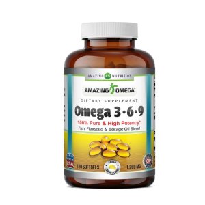 Amazing Omega 3.6.9 3600 Mg per Serving Lemon Flavor High &amp; Pure Potency Fish, Flaxseed &amp; Borage Oil Blend 120 Softgels