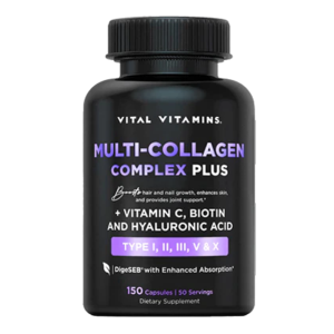 Vital Vitamins Multi-Collagen Complex Plus – Type I, II, III, V &amp; X with Vitamin C, Biotin &amp; Hyaluronic Acid – 150 Capsules