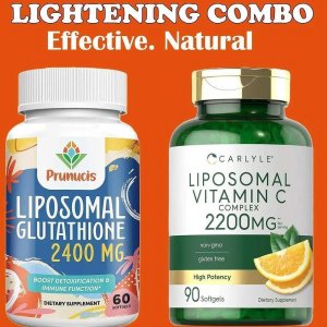 Lightening Combo – Prunucis Liposomal Glutathione 2400mg + Carlyle Liposomal Vitamin C Complex 2200mg Boost Detoxification, Immune Function &amp; Skin Health | High-Potency, Non-GMO, Gluten-Free | 60 + 90 Softgels | Dietary Supplements