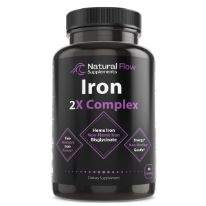 Natural Flow Supplements Iron 2X Complex – Heme Iron &amp; Non-Heme Iron Bisglycinate – 90 Capsules